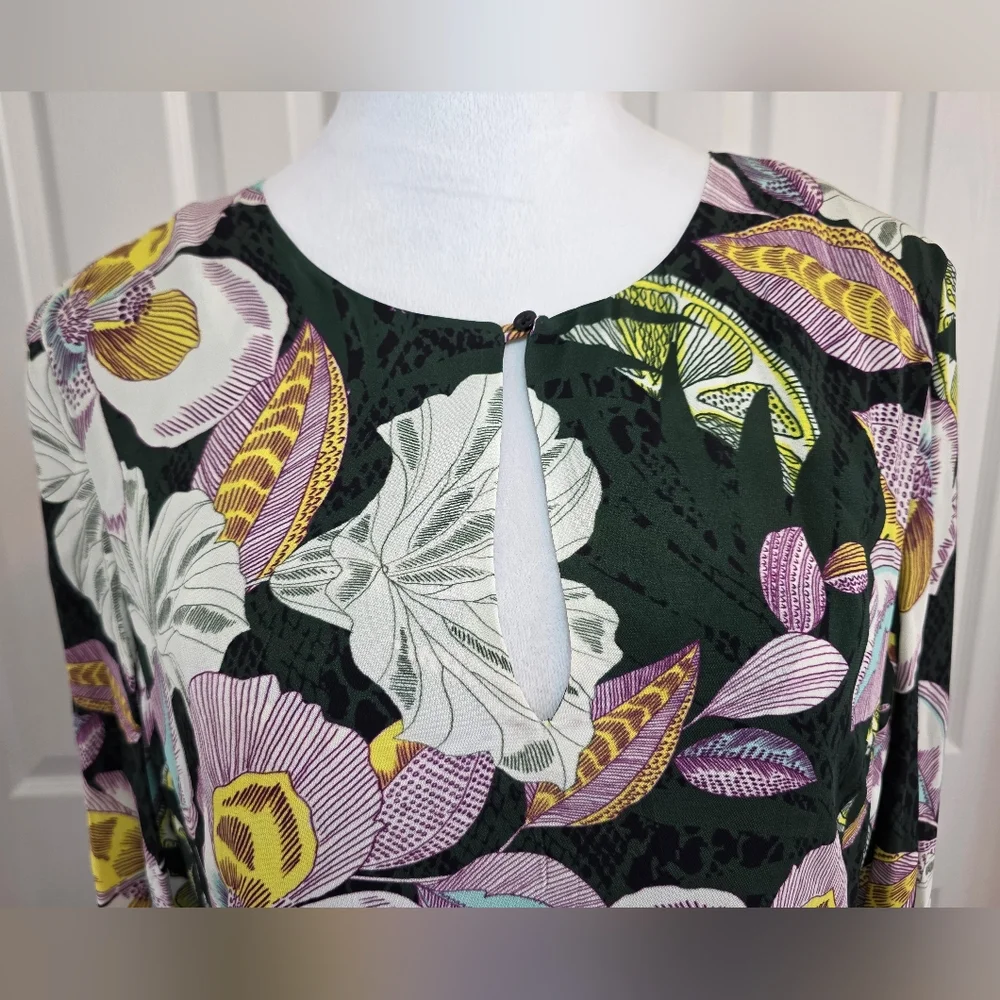 REISS Floral Midi Dress US 12 UK 16 Green Viscose Keyhole Neck Long Sleeve- EUC - Picture 6 of 16